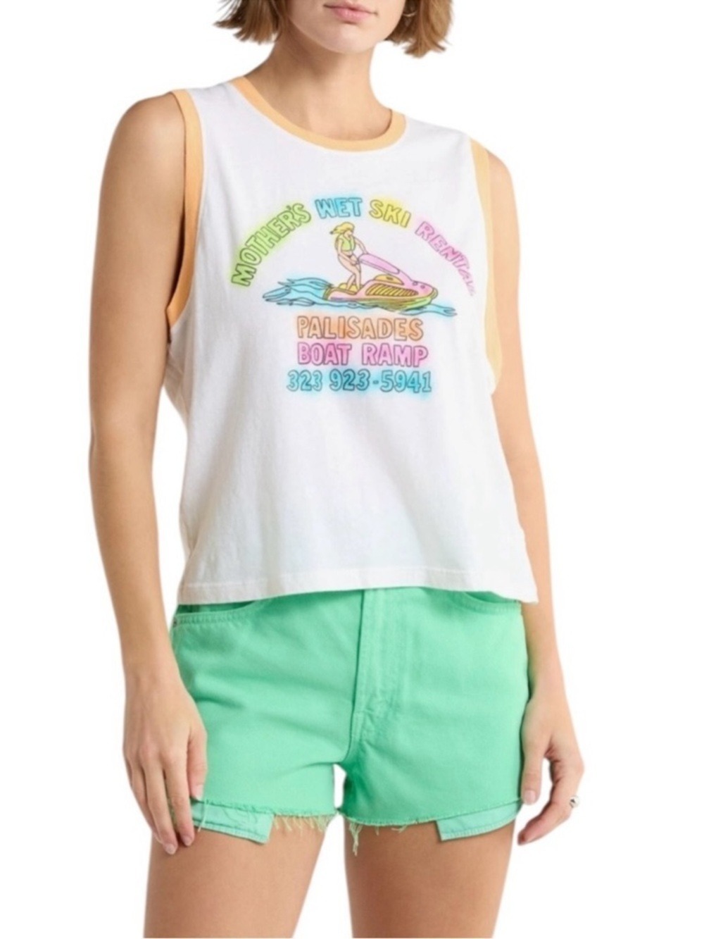 MOTHER White Graphic Tank with Pastel Peach Trim and Multicolor Print Size Large